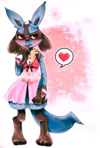 Rating: Safe Score: 0 Tags: 3_toes ambiguous_gender anthro biped black_body black_fur blue_body blue_fur blush canid canine clothing dress e621 feet fur generation_4_pokemon heart_symbol lucario mammal nintendo pink_clothing pink_dress pokemon pokemon_(species) red_eyes solo standing tail toes yellow_body yellow_fur yuyu User: bunchy7s