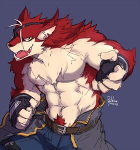 Rating: Questionable Score: 0 Tags: 5_fingers abs anthro belt biceps bottomwear canid canine canis chest_tuft claws clothed clothing e621 eye_patch eyewear fingers fur looking_at_viewer male mammal muscular muscular_anthro muscular_male open_mouth pants pecs pose red_body red_fur rpbbw simple_background solo teeth topless tuft wolf yellow_eyes User: bunchy7s