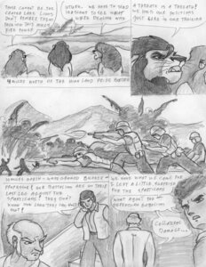 Rating: Safe Score: 0 Tags: 2008 comic dialogue e621 english_text felid feral greyscale human leovictor lion male mammal monochrome pantherine shaded sketch text uturu war User: bunchy7s
