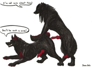 Rating: Explicit Score: 0 Tags: 2010 black_body black_fur canid canine canis dialogue duo e621 english_text erection faolan feral feral_on_feral fur genitals imminent_sex iowa knot male male/male mammal murderwolf penis reluctant side_view simple_background speech_bubble tail text white_background wolf User: bunchy7s