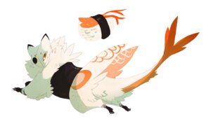 Rating: Safe Score: 0 Tags: ambiguous_gender avian black_clothing black_ear_tips black_topwear clothing digital_media_(artwork) dipstick_ears e621 ear_markings eye_patch eyewear feathers feral fin food food_creature forked_tail full-length_portrait lingrimm looking_at_viewer markings multicolored_ears orange_eyes orange_markings parody portrait quadruped rapoda side_view simple_background smile solo sushi tail tail_fin topwear unusual_anatomy unusual_tail wavy_mouth white_background white_body User: bunchy7s