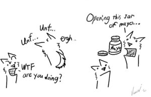 Rating: Safe Score: 0 Tags: 14:9 ambiguous_gender canid canine comic duo e621 food humor mammal mayonnaise monochrome simple_background unimpressed vavashi white_background User: bunchy7s