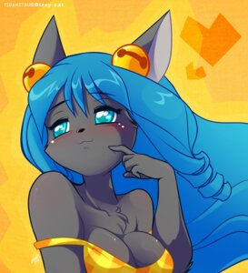 Rating: Questionable Score: 0 Tags: anthro bell blue_eyes blue_hair blush breasts chalo clothed clothing e621 female hair shirt simple_background solo topwear User: bunchy7s