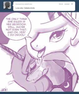 Rating: Safe Score: 0 Tags: 2011 ask_blog ask_princess_molestia blush bodily_fluids crown dialogue drooling duo e621 english_text equid equine eyes_closed fan_character female female/female feral friendship_is_magic hair hasbro headgear horn horse john_joseco long_hair mammal monochrome my_little_pony open_mouth pony princess princess_celestia_(mlp) princess_luna_(mlp) princess_molestia royalty saliva sibling_(lore) simple_background sister_(lore) sisters_(lore) text tiara tongue tongue_out toony tumblr User: bunchy7s