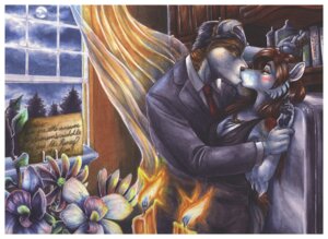 Rating: Safe Score: 0 Tags: 2011 5_fingers anthro blush book canid canine canis cerby_lecter clothing cockiestspaniel domestic_dog duo e621 english_text female fingers flower inside kissing male male/female mammal night plant suit text User: bunchy7s