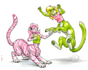 Rating: Safe Score: 0 Tags: 2012 blonde_hair candy_(star_phoenix) chakat chakona_space clothing duo e621 felid felid_taur female fur green_body green_fur hair herm_(lore) jumping mammal mammal_taur markings megan_giles pantherine pink_body pink_fur pink_hair pink_markings pink_stripes pixie_(star_phoenix) playing quadruped shirt simple_background striped_body striped_fur stripes tail tank_top taur tiger topwear white_background white_body white_fur User: bunchy7s
