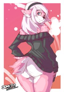 Rating: Questionable Score: 0 Tags: 2013 accessory anthro blue_eyes bottomless breasts butt clothed clothing dedoarts deer e621 female freckled_shoulders freckles fur hair headband inner_ear_fluff looking_at_viewer looking_back mammal markings pink_body pink_fur pinku_shika smile solo spots sweater topwear tuft white_hair User: bunchy7s