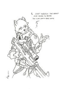 Rating: Safe Score: 0 Tags: anthro armor canid canine canis domestic_dog e621 earmuffs female gun mammal ranged_weapon rifle secondduck shelly singing sniper sniper_rifle solo tail weapon User: bunchy7s