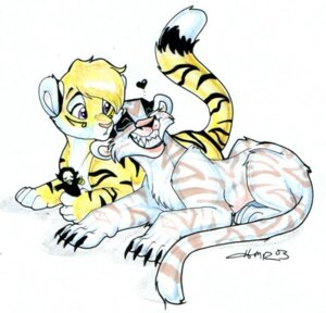 Rating: Safe Score: 0 Tags: 2003 domino_(character) duo e621 felid female feral heart_symbol lion male mammal pantherine quadruped simple_background tail teeth tiger toony white_background zeriara User: bunchy7s