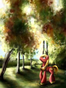 Rating: Safe Score: 0 Tags: 2012 3:4 absurd_res big_macintosh_(mlp) blonde_hair cutie_mark detailed_background duo e621 earth_pony equid equine feral friendship_is_magic fur green_eyes hair hasbro hi_res horse looking_up male mammal my_little_pony outside plant plow_yoke pony quadruped red_body red_fur shizyaa tail tree User: bunchy7s