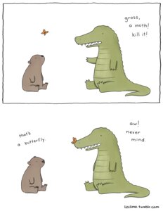 Rating: Safe Score: 0 Tags: ambiguous_gender arthropod bear butterfly comic crocodile crocodilian dialogue duo e621 english_text hi_res humor insect lepidopteran liz_climo mammal reptile scalie simple_background tail text url white_background User: bunchy7s