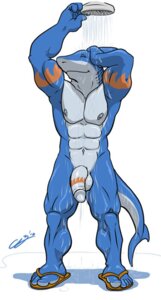 Rating: Explicit Score: 0 Tags: 2010 abs anthro aquatic balls biceps big_muscles chestnuts_(artist) clothing e621 fish footwear footwear_only genitals half-erect humanoid_genitalia humanoid_penis male mostly_nude muscular muscular_anthro muscular_male nude pecs penis pose rex_(bgn) sandals sandals_only shark shoes shower simple_background smile solo tail white_background User: bunchy7s