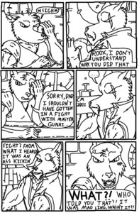 Rating: Safe Score: 0 Tags: axe canid canine canis claw_mackain comic dialogue e621 english_text hi_res koro_cotan male mammal melee_weapon monochrome roox_cotan scar text weapon wolf User: bunchy7s