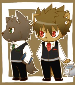 Rating: Safe Score: 0 Tags: accessory anthro bottomwear brown_hair bucket canid canine canis clothed clothing container domestic_cat duo e621 felid feline felis fully_clothed green_eyes hair male mammal necktie otoutama pants red_hair suit tail wolf User: bunchy7s