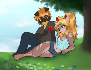 Rating: Safe Score: 0 Tags: 4_toes abluedeer accessory anthro barefoot bow_(feature) bow_accessory bow_ribbon brown_eyes canid canine clothed clothing detailed_background digital_media_(artwork) duo e621 feet female flower fully_clothed green_eyes hair_accessory hair_bow hair_ribbon holding_flower holding_object kingofkof leaf love lying male mammal maya_(skimike) miles_(kingofkof) nature outside pigtails plant ribbons romantic romantic_ambiance romantic_couple rose_(flower) spring_(season) summer toes toony tree wood User: bunchy7s