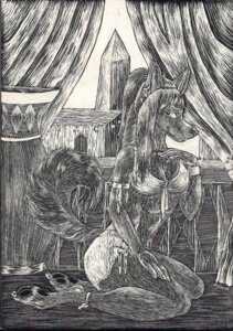 Rating: Safe Score: 0 Tags: anthro anubian_jackal better_version_at_source biped canid canine canis coy curtains e621 egyptian female hi_res jackal karja kneeling looking_at_viewer mammal monochrome obelisk scratchboard servant slave solo tail vase window User: bunchy7s