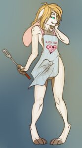 Rating: Explicit Score: 0 Tags: 4_toes anthro apron balls biped blonde_hair blue_eyes brown_spots bulge clothing digitigrade e621 erection feet femboy fur genitals hair jessie_barlow kitchen_spatula kitchen_utensils kris lagomorph looking_at_viewer male mammal penis selinis solo spatula spots text toes tools white_body white_fur User: bunchy7s