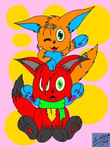 Rating: Safe Score: 0 Tags: 2009 3:4 abstract_background ambiguous_gender blue_markings brown_body brown_fur canid canine duo e621 feral fox front_view fur green_eyes grey_markings looking_at_viewer mammal markings marquis2007 red_body red_fur scarf simple_background stvalbert tail toony User: bunchy7s