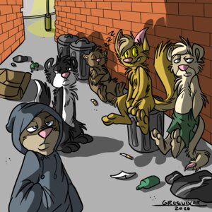 Rating: Safe Score: 0 Tags: 1:1 2010 anthro blue_eyes bottomwear box clothing container domestic_cat e621 felid feline felis feral greevixor group hoodie looking_at_viewer male mammal mephitid mustelid otter pink_nose shorts skunk tail toony topwear trash trash_can yellow_eyes User: bunchy7s