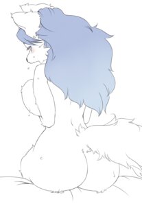 Rating: Questionable Score: 0 Tags: anthro biped blue_hair blush breast_squish breasts butt canid canine e621 female fur hair hand_on_breast holding_breast looking_at_viewer looking_back mammal monochrome open_mouth simple_background sindoll sitting solo squish tail white_background white_body white_fur User: bunchy7s