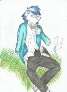 Rating: Questionable Score: 0 Tags: anthro blue_eyes blue_hair canid canine canis clothing darklycan e621 ear_piercing hair hi_res jewelry male mammal necklace piercing solo traditional_media_(artwork) wolf User: bunchy7s