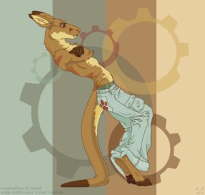 Rating: Questionable Score: 0 Tags: 2006 anthro bottomwear claws clothed clothing e621 kangaroopawz leaning male mammal marsupial pants slim solo tail toe_claws topless unknown_artist User: bunchy7s