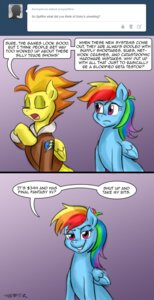 Rating: Safe Score: 0 Tags: blue_body blue_feathers blue_fur clothing comic cutie_mark dialogue e621 english_text equid equine feathered_wings feathers female feral friendship_is_magic fur hair hasbro hi_res jacket mammal multicolored_hair my_little_pony mythological_creature mythological_equine mythology pegasus pluckyninja purple_eyes rainbow_dash_(mlp) rainbow_hair smile spitfire_(mlp) text topwear tumblr two_tone_hair wings wonderbolts_(mlp) User: bunchy7s