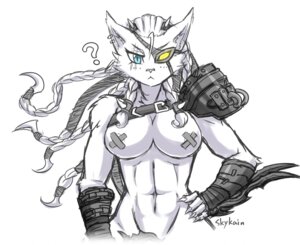 Rating: Questionable Score: 0 Tags: 2014 abs anthro armor belt blade blue_eyes braided_hair breasts claws clothing crossgender e621 ear_piercing eye_patch eyewear felid female gauntlets gloves hair hand_on_hip handwear league_of_legends light_theme lion looking_at_viewer mammal muscular muscular_anthro muscular_female navel nipple_tape nipples pantherine pasties piercing ponytail pupils question_mark rengar_(lol) restricted_palette riot_games scar simple_background skykain slit_pupils solo tape tencent white_background User: bunchy7s