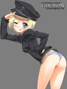 Rating: Questionable Score: 0 Tags: 1girls ass blonde_hair blue_eyes blush breasts clothing erica_hartmann female hat panties rule34 salute small_breasts solo strike_witches striped striped_panties underwear uniform world_witches_series User: bunchy7s