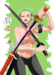 Rating: Explicit Score: 0 Tags: armband beige_skin breasts clothes color convenient_censoring female female_only front_view green_eyes green_hair hair holding holding_sword one_piece open_mouth overhand_grip pants roronoa_zoro round_ears rule34 rule_63 scar short_hair solo straight_hair sword topless weapon wink User: bunchy7s
