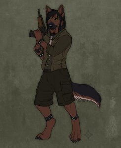 Rating: Safe Score: 0 Tags: 2013 4_toes afevis_(character) aks-74u anklet anthro barefoot belt biped black_body black_fur black_hair black_nose bottomwear brown_body brown_fur canid canine canis cargo_shorts cedarwolf claws clothed clothing collar cross cross_pattee digitigrade domestic_dog e621 ear_piercing feet flak_jacket fully_clothed fur german_shepherd gun hair herding_dog heterochromia hindpaw holding_gun holding_object holding_ranged_weapon holding_weapon iron_cross jewelry looking_at_viewer male mammal necklace olive_drab pants pastoral_dog pawpads paws piercing pose ranged_weapon shirt shorts simple_background solo standing toes topwear weapon white_body white_fur User: bunchy7s