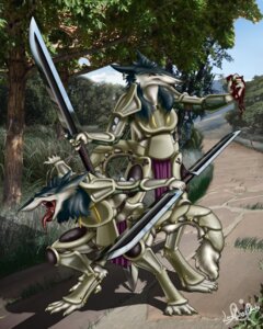 Rating: Questionable Score: 0 Tags: 4:5 armor blood blue_eyes bodily_fluids chiral_sisters claws duo e621 ear_piercing female freel hi_res lord_magicpants mammal niox open_mouth piercing sergal tail tongue tongue_out weapon User: bunchy7s