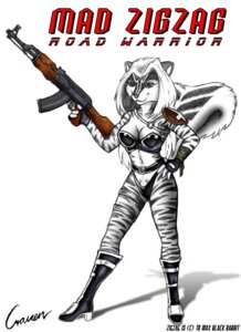 Rating: Questionable Score: 0 Tags: ak-47 ak_platform anthro assault_rifle breasts cleavage clothed clothing e621 english_text female gun holding_gun holding_object holding_ranged_weapon holding_weapon joshcraven looking_at_viewer mad_max_2_the_road_warrior mammal mephitid pose ranged_weapon rifle skimpy skunk solo tail text weapon zig_zag User: bunchy7s