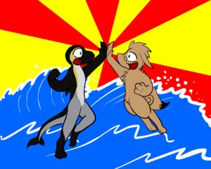 Rating: Safe Score: 0 Tags: 3_fingers anthro anthrofied aquatic barefoot big_eyes black_body black_skin canid canine canis cetacean common_dolphin dipstick_tail dolphin duo e621 eye_contact eyewear feet fin fingers flat_colors fur gesture glasses grey_body grey_skin high_five hybrid immelmann_(character) jake_(jakooboo) jumping lagomorph leporid looking_at_another male mammal markings multicolored_tail nude nx-42 oceanic_dolphin open_mouth open_smile rabbit sea side_view smile tail tail_fin tail_markings tan_body tan_fur toony toothed_whale water wolf User: bunchy7s