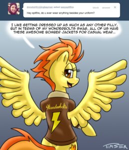 Rating: Safe Score: 0 Tags: amber_eyes clothing cutie_mark dialogue e621 english_text equid equine feathered_wings feathers female friendship_is_magic hair hasbro jacket looking_at_viewer looking_back mammal multicolored_hair my_little_pony mythological_creature mythological_equine mythology pegasus pluckyninja smile solo spitfire_(mlp) tail text topwear tumblr two_tone_hair wings wonderbolts_(mlp) yellow_body yellow_feathers User: bunchy7s