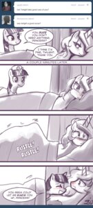Rating: Questionable Score: 0 Tags: 2012 ask_blog bed bedding blanket blush clothing comic confusion costume dialogue duo e621 english_text equid equine female female/female feral friendship_is_magic fur furniture hasbro hat headgear headwear hi_res horn hospital ill john_joseco mammal medical my_little_pony mythological_creature mythological_equine mythology nurse nurse_clothing nurse_hat nurse_headwear on_bed patient pillow princess_celestia_(mlp) purple_body purple_fur smile surprised text tumblr twilight_sparkle_(mlp) unicorn user_avatar User: bunchy7s