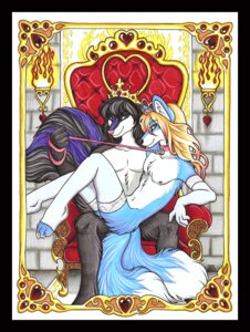 Rating: Questionable Score: 0 Tags: anthro black_border black_hair blonde_hair border canid canine chair clothing collar dominant dominant_male duo e621 femboy fox furniture gloves hair handwear heart_symbol holding_leash holding_object king lace leash leash_pull legwear luthien_nightwolf male male/male mammal mephitid mrmephit queen royalty shininomai skunk stockings submissive submissive_male throne torch traditional_media_(artwork) User: bunchy7s