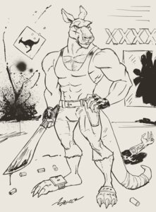Rating: Questionable Score: 0 Tags: abs anthro belt biceps blood bodily_fluids bottomwear clothed clothing e621 fully_clothed gloves gun handwear hi_res holster josh_spencer kangaroo killeroo machete macropod male mammal manly marsupial melee_weapon monochrome muscular muscular_anthro muscular_male pants pecs ranged_weapon rufus_(killeroo) scar severed_arm severed_body_part severed_limb shell_casings shirt sign smile solo tank_top tight_clothing topwear weapon window User: bunchy7s