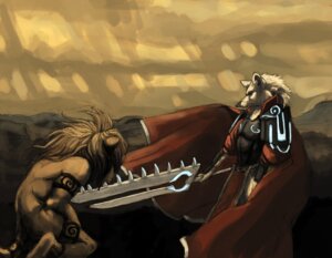 Rating: Safe Score: 0 Tags: anthro armor big_sword canid canine canis cloak clothing detailed_background duo e621 felid hi_res kneeling landscape lion male mammal melee_weapon nude pantherine seyorrol submissive sword tail tattoo threatening weapon wolf User: bunchy7s