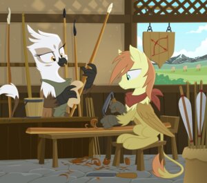 Rating: Safe Score: 0 Tags: amber_eyes apron arrow_(weapon) avian beak bow_(weapon) carving clothing duo e621 european_mythology fan_character feathered_wings feathers female goatanimedatingsim greek_mythology green_eyes gryphon hair hasbro hi_res hippogriff holding_object holding_weapon male melee_weapon my_little_pony mythological_avian mythological_creature mythology orange_hair polearm quiver_(object) ranged_weapon scarf sitting spear tail target tools weapon wings User: bunchy7s