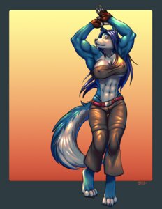 Rating: Questionable Score: 0 Tags: 2011 abs anthro biceps big_breasts biped blue_body blue_fur blue_hair breasts canid canine canis clothed clothing e621 female fur hair hopey iggi long_hair mammal muscular muscular_anthro muscular_female nipple_outline solo standing tail under_boob wolf User: bunchy7s