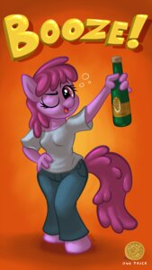 Rating: Safe Score: 0 Tags: 1trick 2014 9:16 alcohol anthro anthrofied berry_punch_(mlp) beverage bottle bottomwear breasts champagne champagne_bottle clothed clothing container denim denim_bottomwear denim_clothing drunk e621 earth_pony english_text equid equine female friendship_is_magic fur hair hasbro hi_res holding_bottle holding_container holding_object horse jeans looking_at_viewer mammal my_little_pony one_eye_closed open_mouth pants pony purple_body purple_eyes purple_fur purple_hair shaded shirt solo substance_intoxication text tongue topwear User: bunchy7s