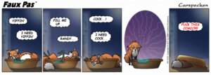 Rating: Questionable Score: 0 Tags: ambiguous_gender canid canine carspecken cindy_(faux_pas) comic dialogue dipstick_tail e621 ellipsis english_text eyes_closed faux_pas female feral fox fur mammal markings mcarspec orange_body orange_fur red_fox sleeping solo tail tail_markings text third-party_edit true_fox User: bunchy7s