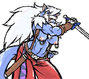 Rating: Questionable Score: 0 Tags: anthro armor bare_breasts blue_body blue_fur breasts canid canine clothed clothing digital_media_(artwork) e621 fangs female fur gauntlets gloves hair handwear holding_melee_weapon holding_object holding_sword holding_weapon knocker_piercing long_hair mammal melee_weapon mutabouru nipple_piercing nipple_ring nipples oekaki open_mouth piercing pink_nipples pink_nose ring_piercing simple_background solo sword tail teeth topless weapon white_background white_hair User: bunchy7s