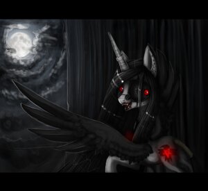 Rating: Questionable Score: 0 Tags: black_and_white_and_red black_bars black_hair blood bodily_fluids cloud creepy cutie_mark dark_theme e621 ear_piercing equid equine eyewear fan_character fangs feathered_wings feathers female feral fur glasses glowing glowing_eyes grey_body grey_fur hair hasbro horn letterbox long_hair looking_back mammal moon my_little_pony mythological_creature mythological_equine mythology night open_mouth outside piercing red_eyes sky smile solo teeth tongue vileraven winged_unicorn wings User: bunchy7s