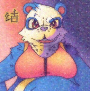 Rating: Safe Score: 0 Tags: anthro bear blue_markings cheek_tuft cjk_character clothed clothing e621 facial_tuft giant_panda head_tuft kaivolate looking_at_viewer looking_forward male mammal markings moobs open_mouth purple_nose raptorkou round_ears slightly_chubby smile solo teeth tongue topwear tuft white_body User: bunchy7s
