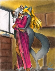 Rating: Questionable Score: 0 Tags: 4_toes abluedeer anthro barefoot bathrobe blonde_hair blush canid canine canis claws clothing detailed_background duo e621 feet felid female female/female green_eyes grey_hair hair hug inside jensca kimber kitchen kitwulfen love mammal markings nude robe romantic romantic_couple standing tail toes traditional_media_(artwork) wolf User: bunchy7s