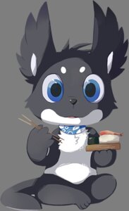 Rating: Safe Score: 0 Tags: alpha_channel ambiguous_gender big_eyes black_nose blue_eyes choker chopsticks clothing crossed_legs e621 eating food happycrumble holding_food holding_object jewelry kerchief looking_at_viewer necklace simple_background solo sushi tail transparent_background unknown_species User: bunchy7s