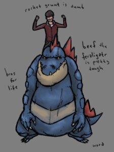 Rating: Safe Score: 0 Tags: 3:4 alpha_channel duo e621 english_text feral feraligatr generation_2_pokemon human low_res male mammal nintendo pokemon pokemon_(species) rocket_grunt_(artist) simple_background size_difference text transparent_background white_eyes User: bunchy7s
