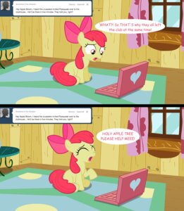 Rating: Safe Score: 0 Tags: accessory apple_bloom_(mlp) bow_(feature) bow_accessory bow_ribbon comic computer e621 earth_pony electronics english_text equid equine female friendship_is_magic hair_accessory hair_bow hair_ribbon hasbro hi_res horse jananimations laptop mammal my_little_pony pony ribbons screaming solo text tumblr young User: bunchy7s